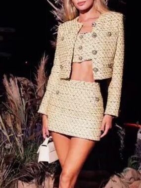 Chic Yellow Tweed 3 piece Mini Skirt Set